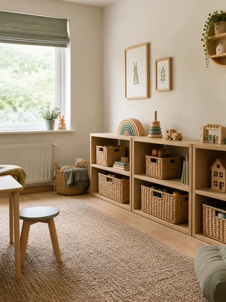 A calm, tidy playroom with wooden toys in woven baskets
