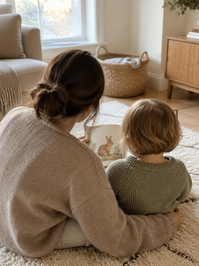 A caring sitter reading a picture book with a little one